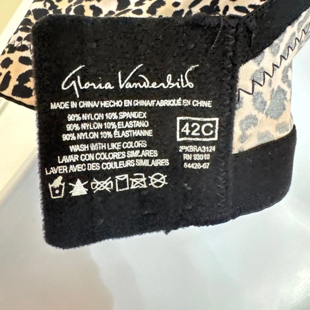 Gloria Vanderbilt Leopard Print Lace Wireless Bra Black‎ Tan 42C Molded Cups